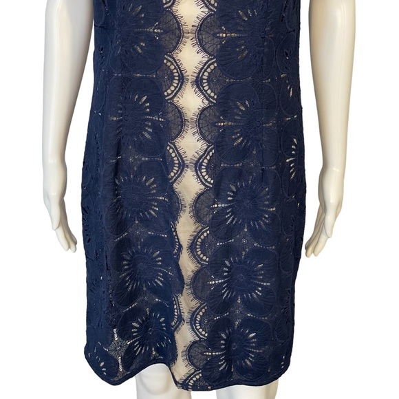 Trina Turk Navy Floral Lace Semi Sheer Short Sleeve Shift Dress Sz 8 - Picture 6 of 10